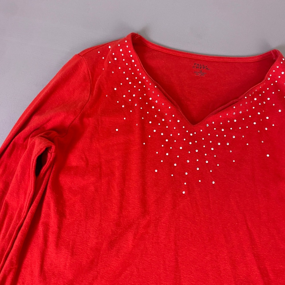 Falls Creek Top Women's 1X Red Long Sleeve V-Neck Rhinestone Embellished Sparkle - Picture 4 of 9
